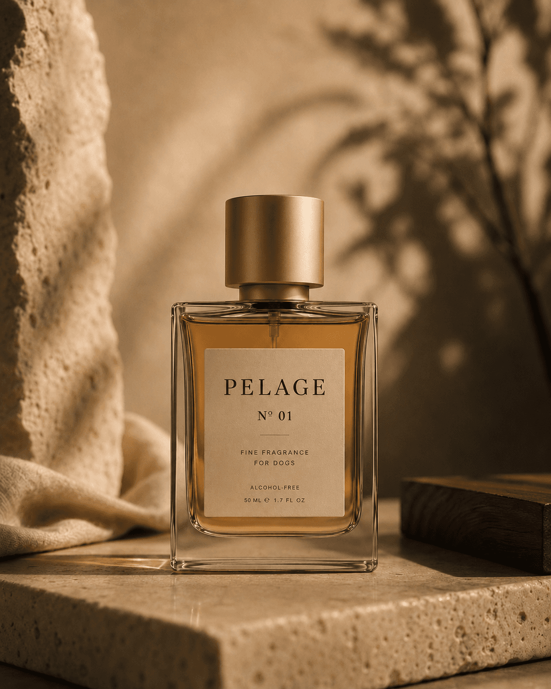 Pelage Nº 01, 50 ml bottle. Amber glass with brushed gold cap on a travertine slab with cashmere fabric and a soft botanical shadow